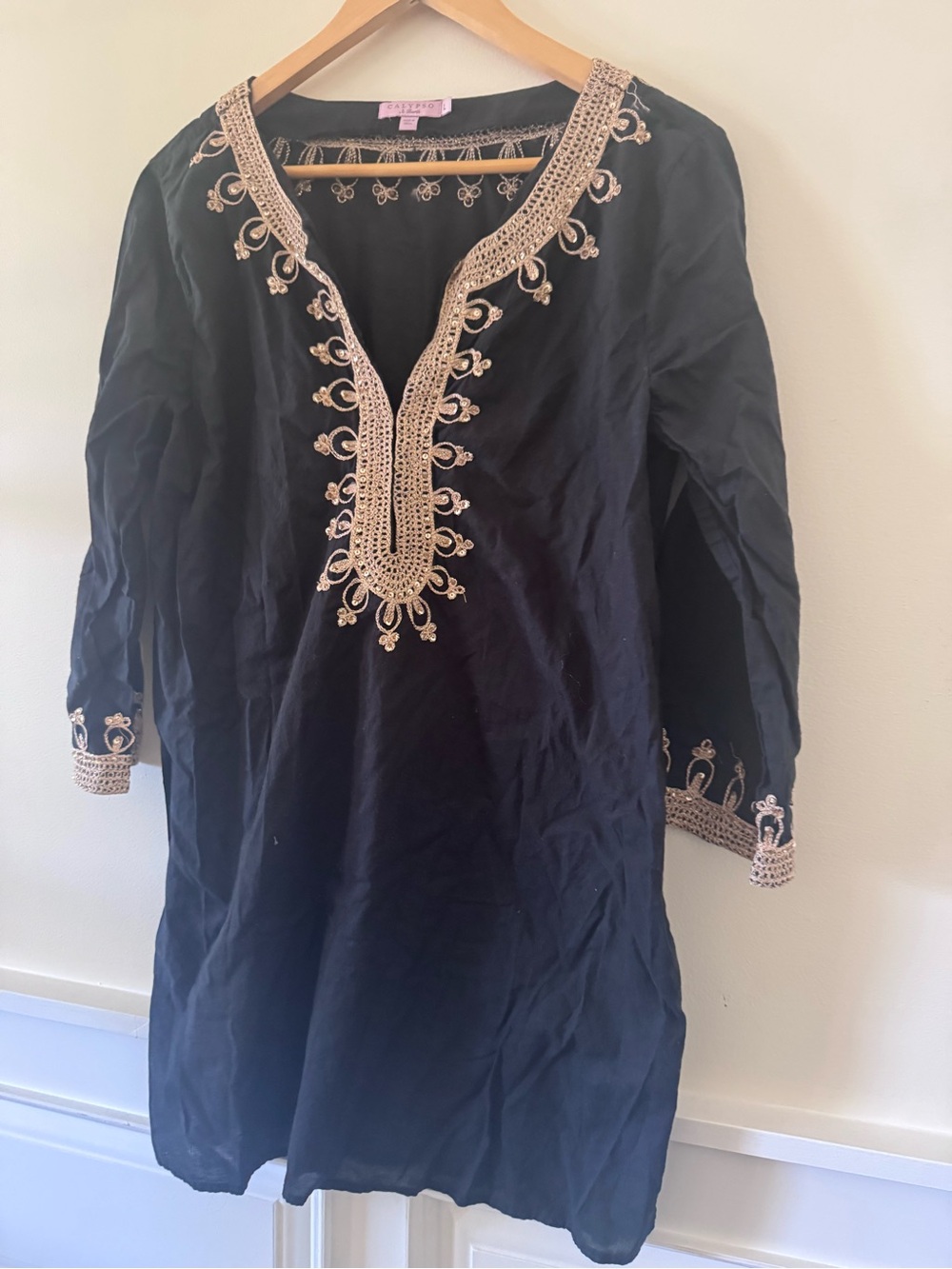 Calypso St. Barth Black Tunic with Metallic Gold Embroidery